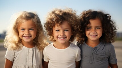 Three cute children standing together, smiling and looking at the camera.