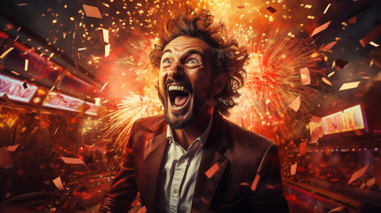 Portrait of very happy brutal man takes out a lucky ticket of lottery - obrazy, fototapety, plakaty