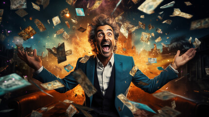 Portrait of very happy brutal man takes out a lucky ticket of lottery - obrazy, fototapety, plakaty