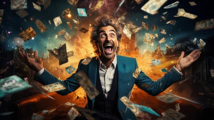 Foto op Canvas Portrait of very happy brutal man takes out a lucky ticket of lottery © mikhailberkut