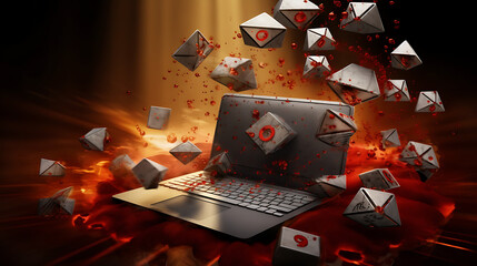 Alert Email inbox and spam virus with warning caution for notification on internet letter security protect, junk and trash mail and compromised information - obrazy, fototapety, plakaty