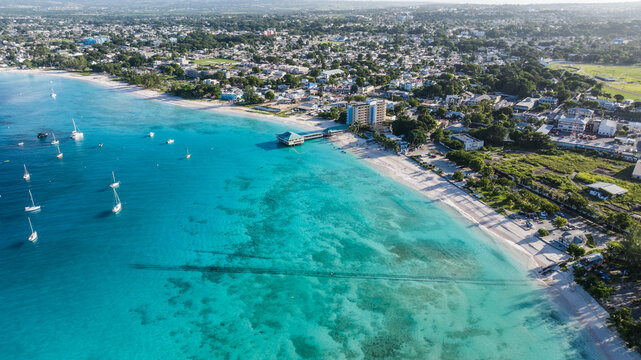Fototapeta Aerial landscape view of Bay Area of Carlisle Bay at Bridgetown, Capital of Barbados around "Brownes Beach" with white sand beach and amazing turquoise water 