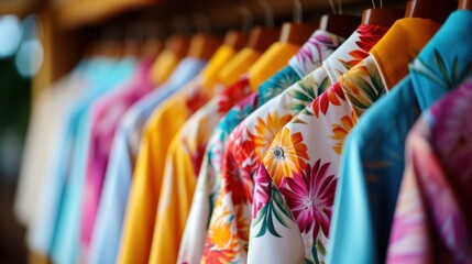 Colorful shirts on a store rack. - obrazy, fototapety, plakaty