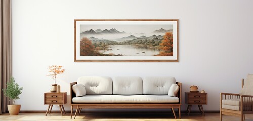 Elegant wooden frame with a scenic landscape print on a serene white wallpaper background