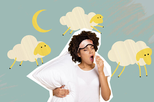 Picture magazine sketch collage image of yawning tired lady counting sheep falling asleep isolated creative background