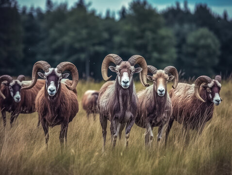 Mufflons auf einer Wiese in freier Natur, Generative AI