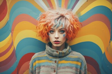 A woman with multi-coloured hair standing in front of a colourful patterned wall