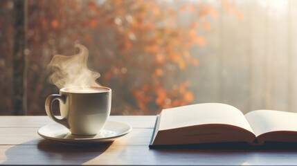 A cup of coffee and a book placed on a wooden table, illuminated by sunlight.