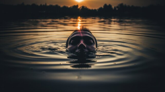 A man swimming in water at sunset, enjoying the serene beauty of nature's colors blending harmoniously.