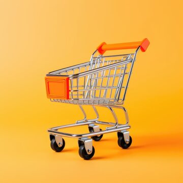 Shopping cart on orange background, AI generated Image