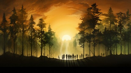 Painting of a series of human silhouettes in a forest