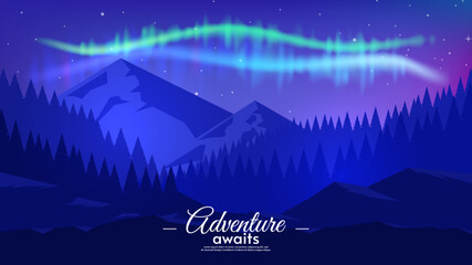 Aurora borealis overnight lake in starry sky, polar lights landscape. Adventure concept. Flat style vector illustration.