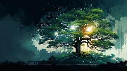 Digital painting of a tree at night combined with abstract elements