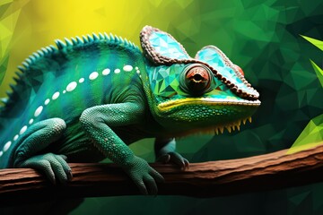A green chameleon with a green background.