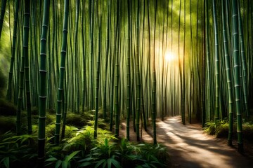 A tranquil bamboo forest with sunlight streaming through the dense canopy.