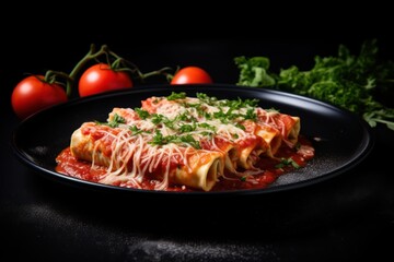 Traditional Italian dish cannelloni on a black background