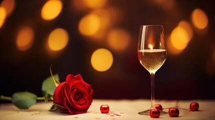 A glass of champagne and a rose on a table, creating a romantic ambiance.