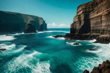 Create a breathtaking coastal scene where tall cliffs meet the crashing waves of the ocean, under a...