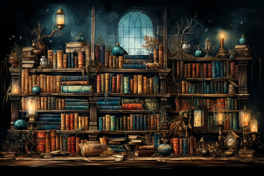 Old library or bookshop with many books on shelves as wallpaper on transparency generative AI