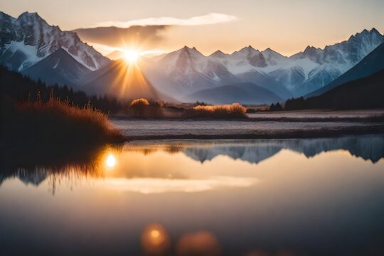 A Photograph of a serene prismatic landscape drenched in soft hues, capturing the ethereal beauty of the setting sun against distant snowy mountains.