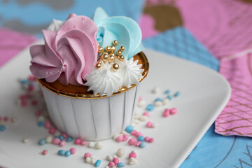 Cupcake blue and pink for gender party. boy or girl. delicious cupcakes with blue and pink cream, golden sparkles celebration concept when the gender of the child becomes known. Festive baby shower 