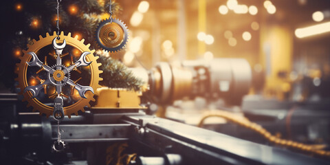 Cogwheel shaped Christmas tree toys on a blurred indusrial background. Christmas 3D render illustration on a construction, engineering and maintenance theme. - obrazy, fototapety, plakaty