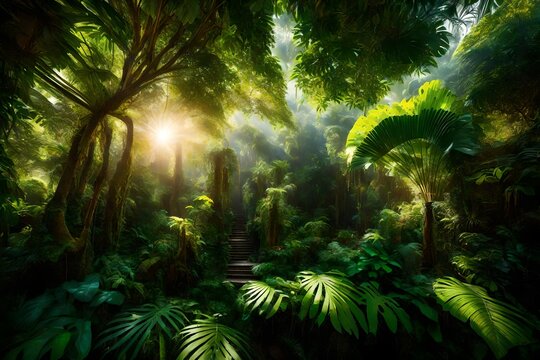 Picture a lush, tropical rainforest canopy, with vibrant foliage and exotic wildlife, all bathed in the dappled sunlight filtering through the leaves.