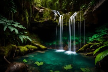 A hidden waterfall cascading from a rugged cliff into a crystal-clear emerald pool surrounded by lush, untouched vegetation.