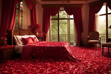  a bed covered with a lush blanket of fresh, fragrant rose petals, evoking a mesmerizing atmosphere.