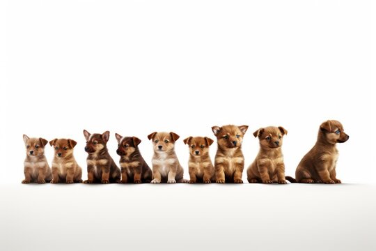 A row of puppies on white background