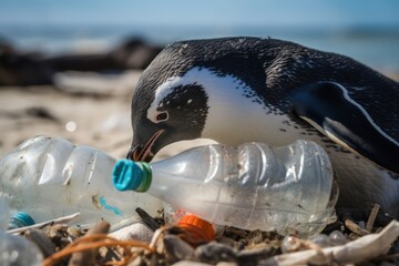 A penguin looks at an plastic bottle. ocean plastic protect