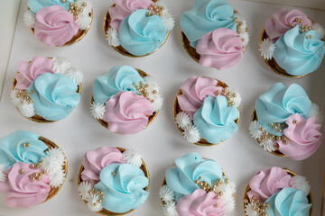 Obraz na płótnie Canvas Cupcake blue and pink for gender party. boy or girl. delicious cupcakes with blue and pink cream, golden sparkles celebration concept when the gender of the child becomes known. Festive baby shower 