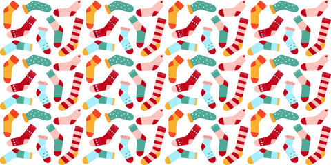 Seamless pattern with colorful socks. Sox with different drawings, patterns and design. Design for fabric, textile, wrapping, apparel, wallpaper. Flat vector illustration. 