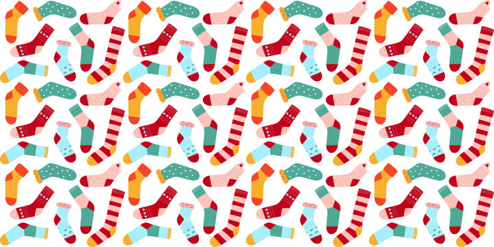 Seamless pattern with colorful socks. Sox with different drawings, patterns and design. Design for fabric, textile, wrapping, apparel, wallpaper. Flat vector illustration. 
