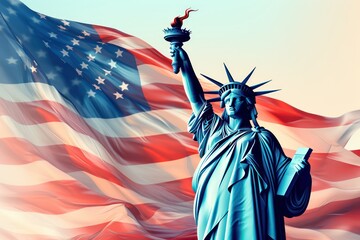A flag of the statue of liberty is waving in the wind - obrazy, fototapety, plakaty