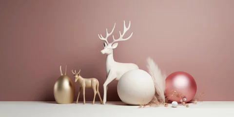 Foto op Canvas Christmas reindeer decoration with white antlers and small Christmas balls, on a pink background in modern minimalist style, Creative Christmas banner, holiday concept © saquizeta