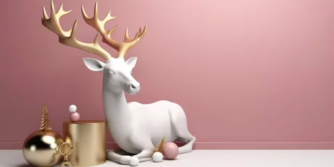 Gordijnen Christmas reindeer decoration with golden antlers and small Christmas balls, on a pink background in modern minimalist style, Creative Christmas banner, holiday concept © saquizeta
