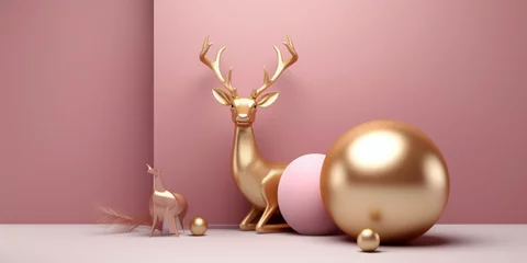 Foto op Plexiglas Christmas reindeer decoration with golden antlers and small Christmas balls, on a pink background in modern minimalist style, Creative Christmas banner, holiday concept © saquizeta