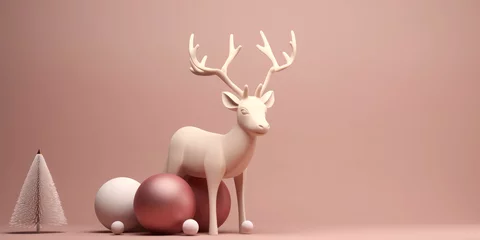 Tuinposter Christmas reindeer decoration with white antlers and small Christmas balls, on a pink background in modern minimalist style, Creative Christmas banner, holiday concept © saquizeta