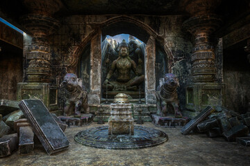 Fantasy Indiamn temple ruin with statues of a god and two elephants. 3D rendering.
