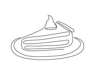 Drawing of cake with single continuous line. Sweet pastries on plate. Sliced cake with cream filling. Concept for cafe, bakery, cake shop. Piece of cake one line. Editable stroke on white isolated.