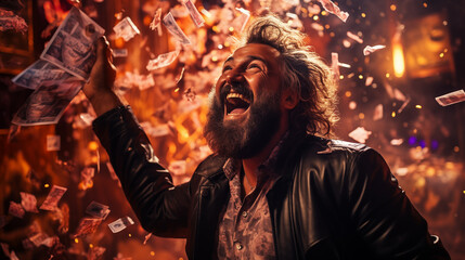 Portrait of very happy senior bearded man takes out a lucky ticket of lottery - obrazy, fototapety, plakaty