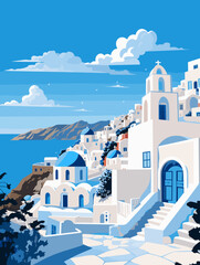 Santorini illustration in vector - obrazy, fototapety, plakaty