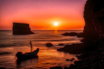 A Photograph capturing the serenity of a coastal sunrise, with vibrant shades of orange and pink illuminating the silhouettes of rugged cliffs and a lone fishing boat in silhouette.