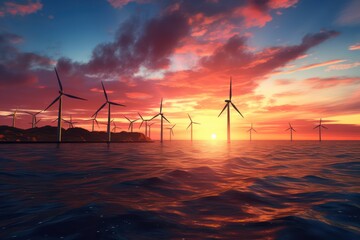 A wind farm with a sunset in the background 