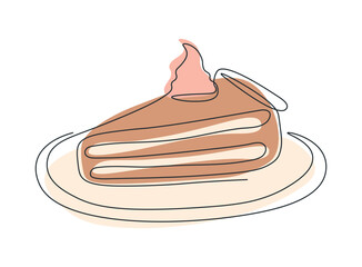 Drawing of cake with single continuous line. Sweet pastries on plate. Sliced cake with cream filling. Concept for cafe, bakery, cake shop. Piece of cake one line. Color illustration.