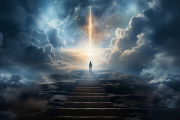 Person walking up stairway to heaven through clouds in the sky after death. Generative Ai