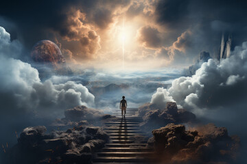 Person walking up stairway to heaven through clouds in the sky after death. Generative Ai - obrazy, fototapety, plakaty