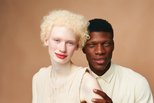 Multiethnic albino woman and black man with unique skin tone. Beautiful natural diversity people