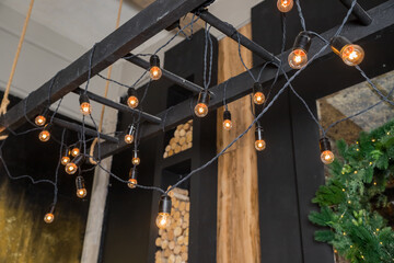 retro bulb hanging decoration for design purpose.Garland of Edison bulbs hanging on laces.garlands...